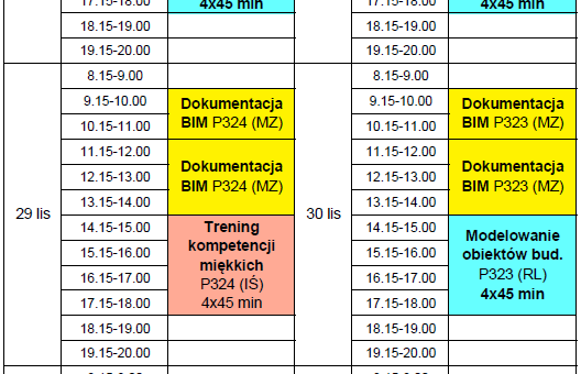 BIM - Rozkład zajęć na listopad i grudzień 