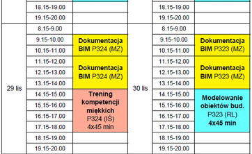 BIM - Rozkład zajęć na listopad i grudzień
